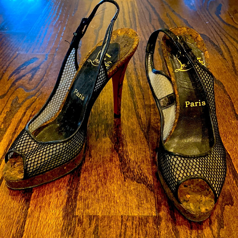 Authentic Christian louboutins with fishnet detailing and cork heel
